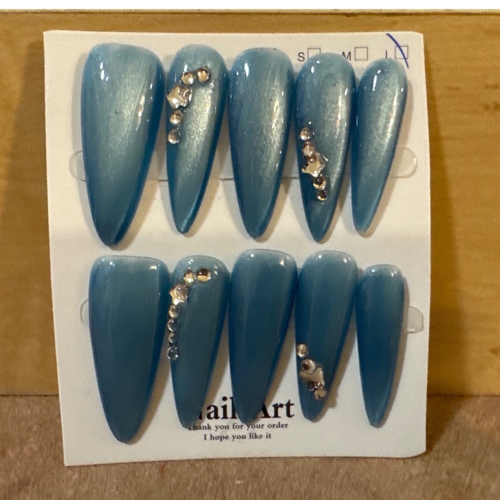 Blue Cat Eye Stiletto Press On Nails Rhinestone Accent Long Manicure Set Large